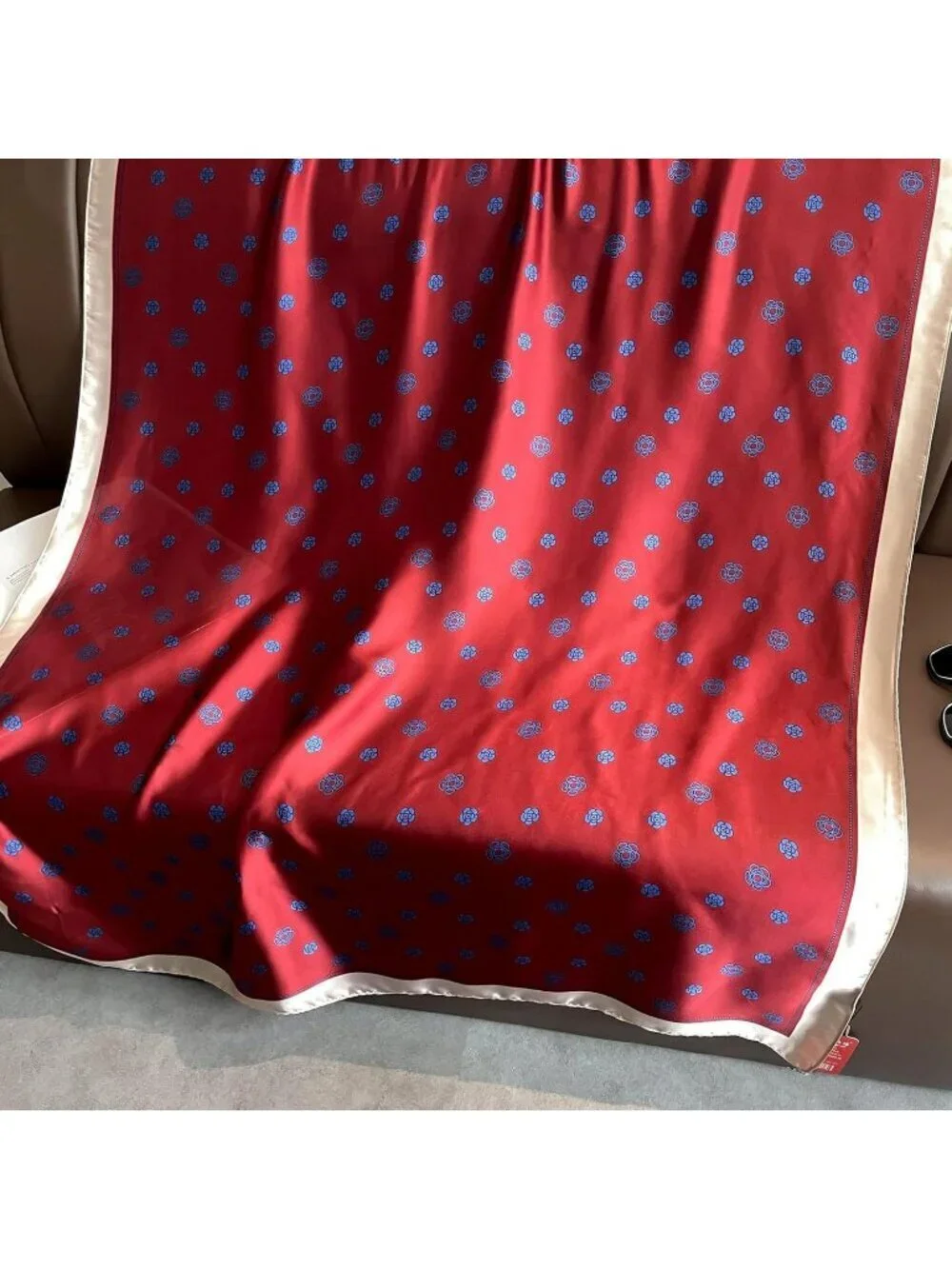 Women's Silk Red Lightweight Silk Scarves Flower Print Head Cotton Wrap Scarf